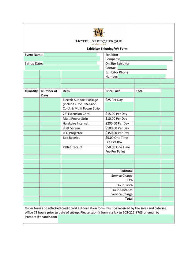 Exhibitor ShippingAV Form screenshot