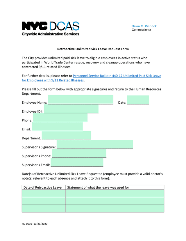 HC 0030 Retroactive Unlimited Sick Leave Request Form screenshot