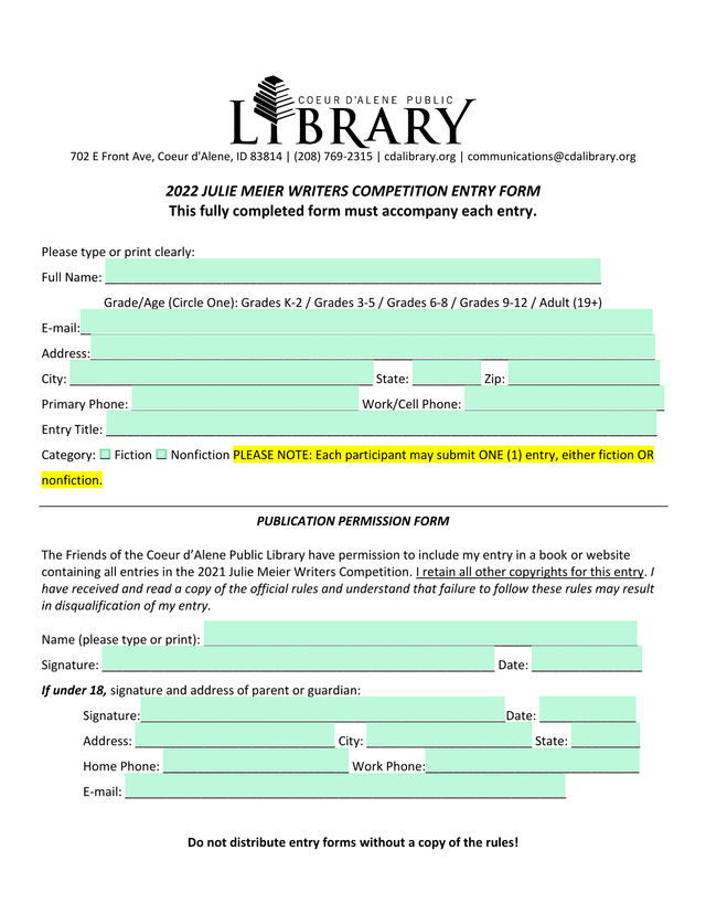 2022 Julie Meier Writers Competition Entry Form screenshot