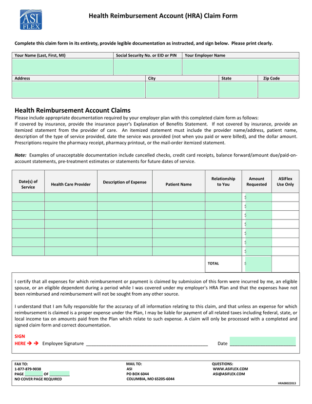 Health Reimbursement Account (HRA) Claim Form screenshot