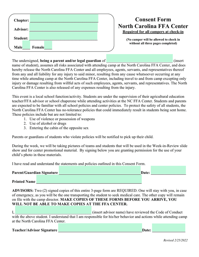 North Carolina FFA Center Consent Form screenshot