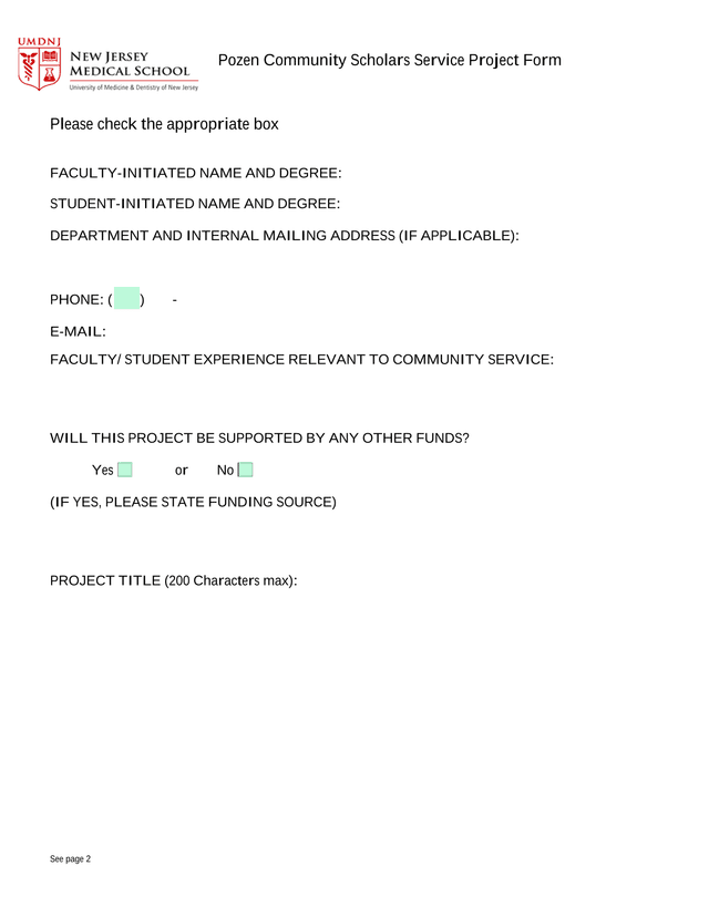 Pozen Community Scholars Service Project Form screenshot
