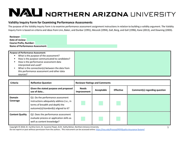 Validity Inquiry Form For Examining Performance Assessments screenshot