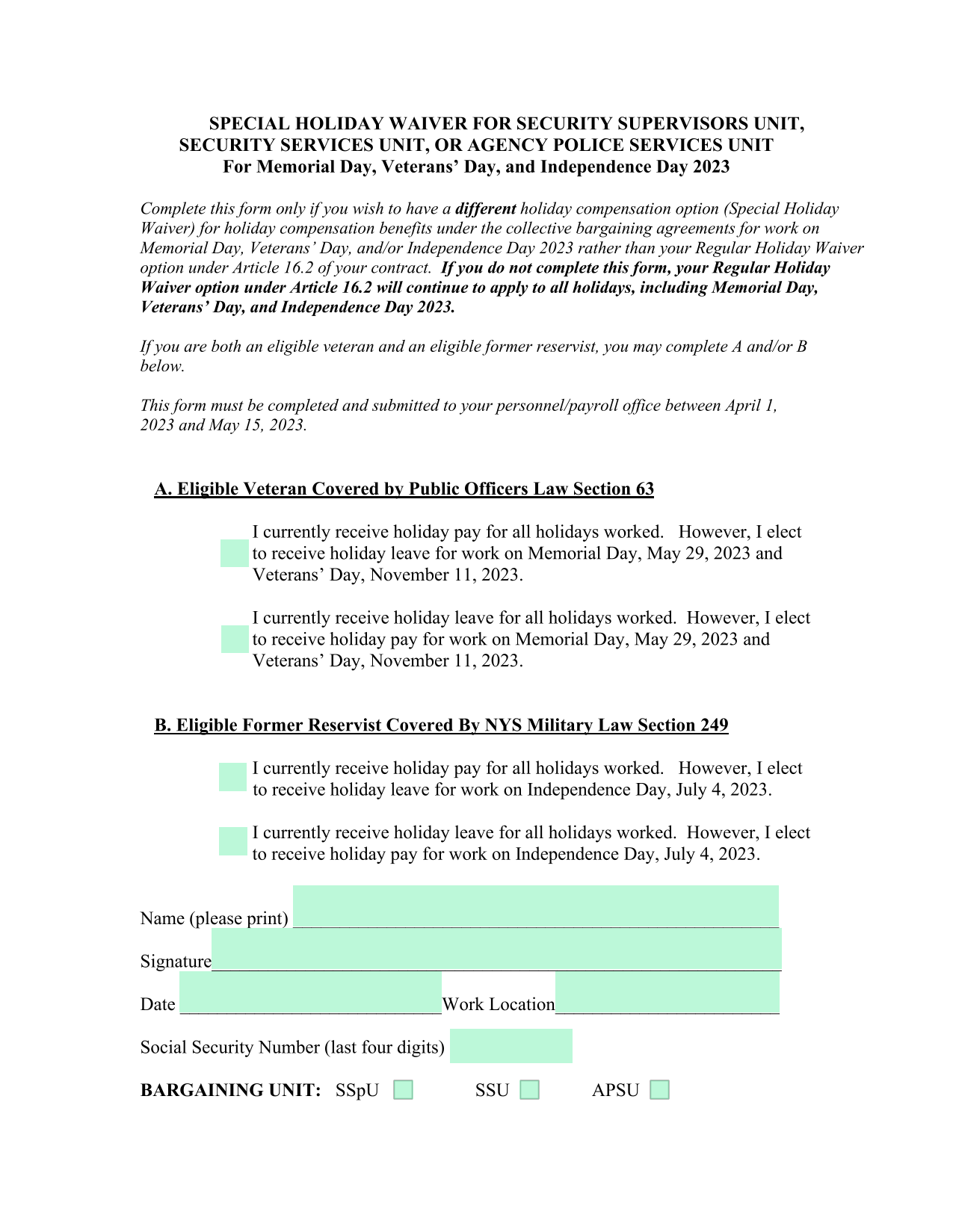 Special Holiday Waiver For Security Supervisors Unit, Security Services Unit, Or Agency Police Servi screenshot