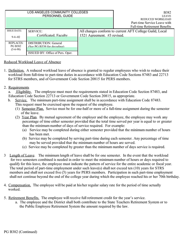 Los Angeles Community Colleges Personnel Guide B382   Reduced Workload Leave screenshot