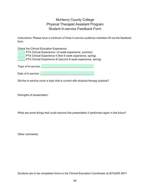Physical Therapist Assistant Program Student In Service Feedback Form screenshot