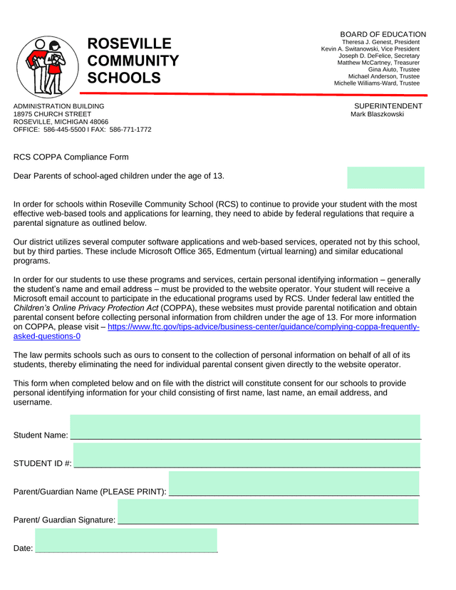 RCS COPPA Compliance Form screenshot