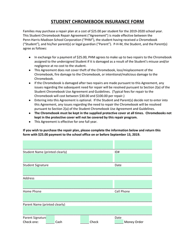 Student Chromebook Insurance Form screenshot