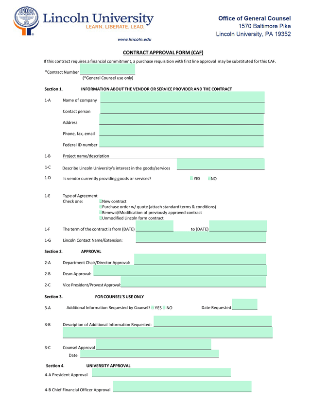 Contract Approval Form (CAF) screenshot