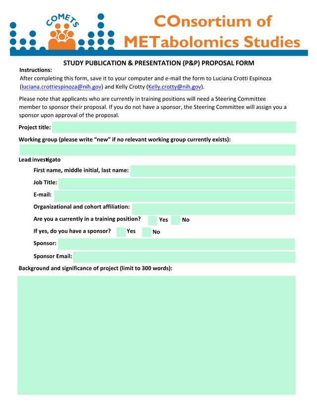 Consortium Of METabolomics Studies Study Publication  Presentation (PP) Proposal Form screenshot