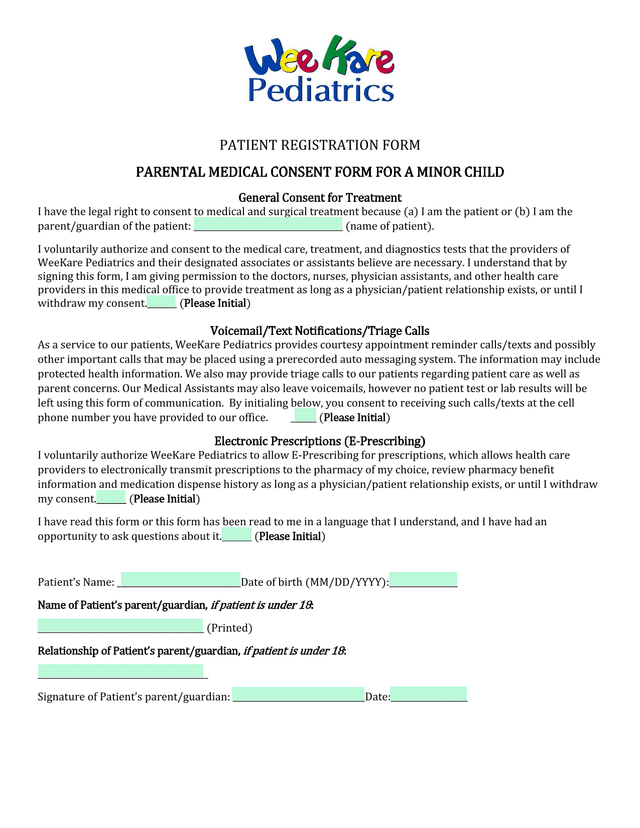 PATIENT REGISTRATION FORM   PARENTAL MEDICAL CONSENT FORM FOR A MINOR CHILD screenshot