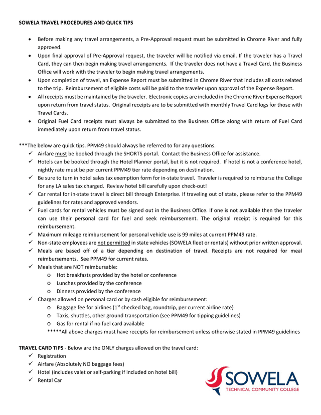 SOWELA TRAVEL PROCEDURES AND QUICK TIPS screenshot