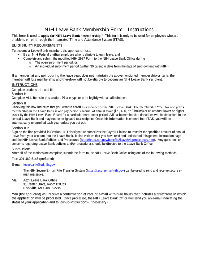 NIH Leave Bank Membership Form screenshot
