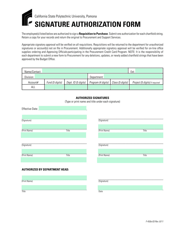 SIGNATURE AUTHORIZATION FORM screenshot
