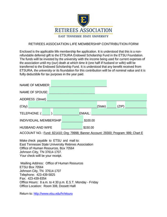 Retirees Association Life Membership Contribution Form screenshot