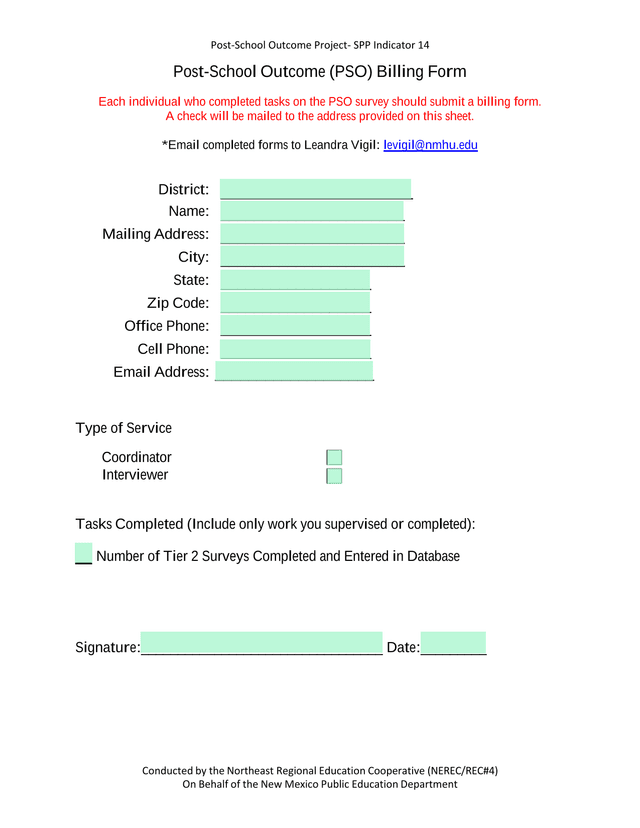 Post School Outcome (PSO) Billing Form screenshot