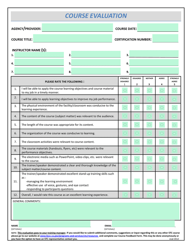 Course Evaluation Form screenshot