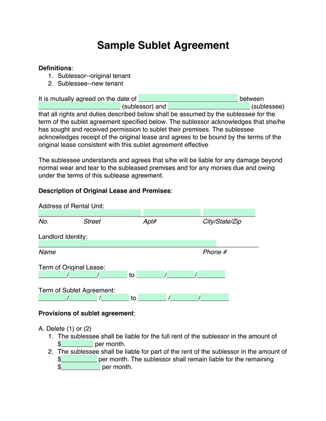 Sample Sublet Agreement screenshot