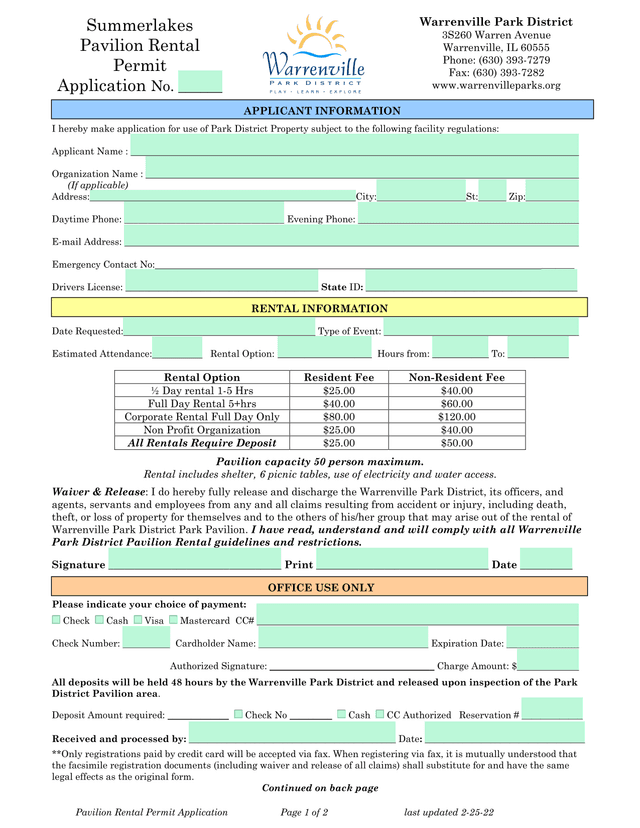 Pavilion Rental Permit Application screenshot