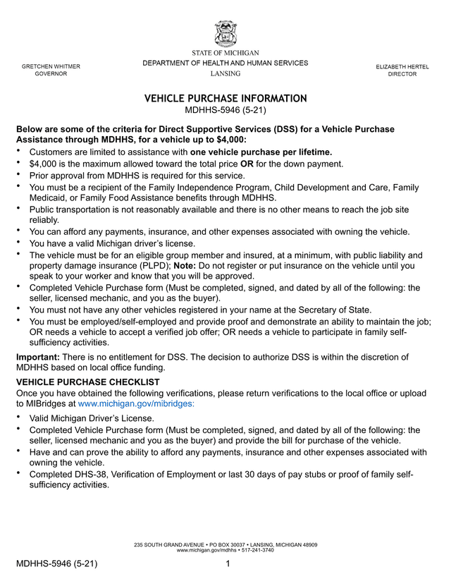 Vehicle Purchase Information MDHHS 5946 screenshot