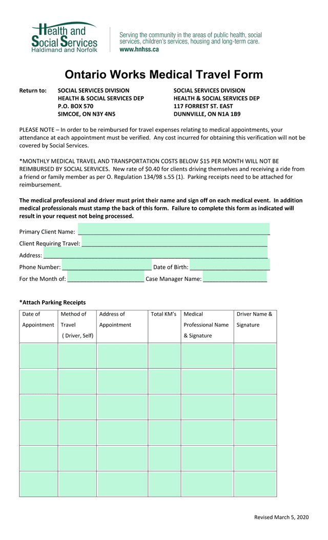 Ontario Works Medical Travel Form screenshot