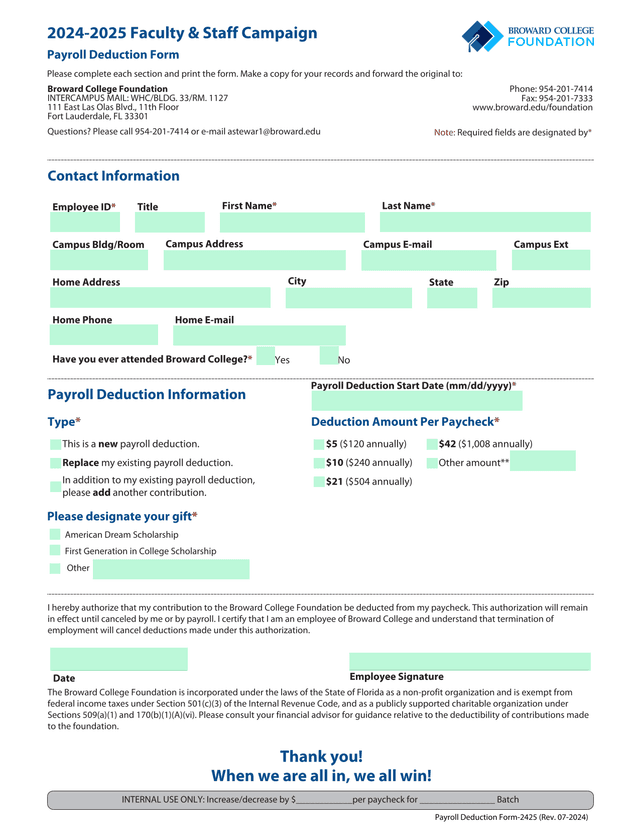 2024 2025 Faculty  Staff Campaign Payroll Deduction Form screenshot