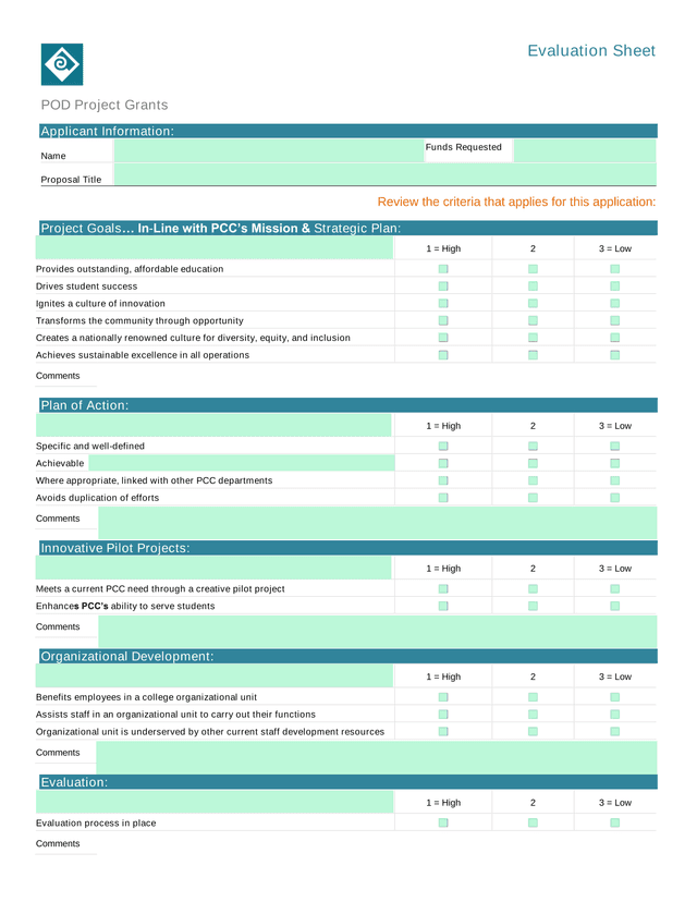 Evaluation Sheet POD Project Grants screenshot