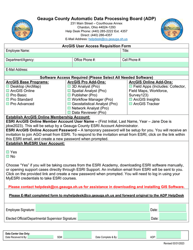 ArcGIS User Access Requisition Form screenshot