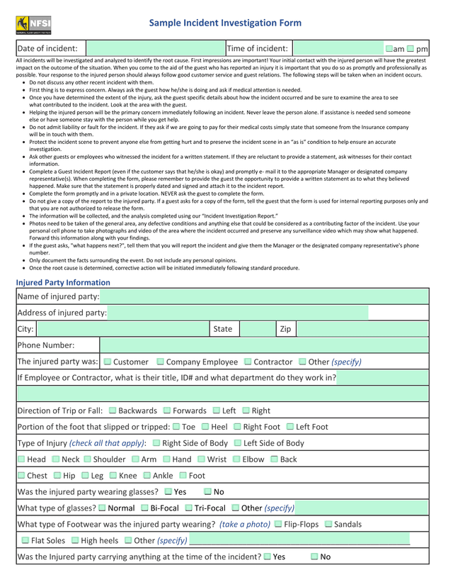 Sample Incident Investigation Form screenshot
