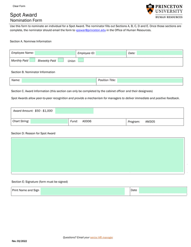 Spot Award Nomination Form screenshot