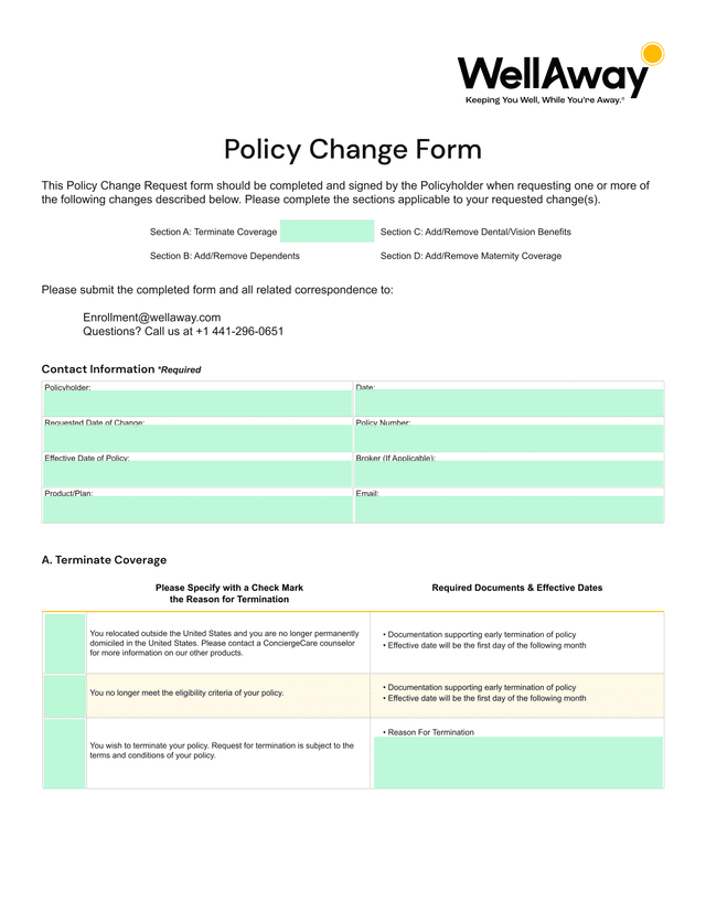 Policy Change Form screenshot
