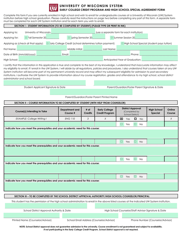 Early College Credit Program And High School Special Agreement Form screenshot