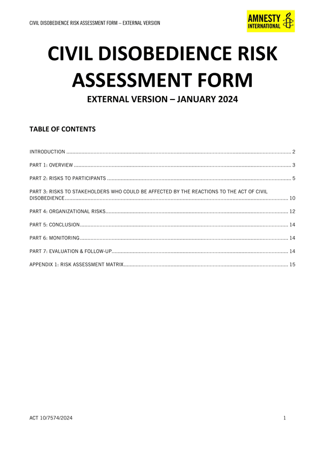 Civil Disobedience Risk Assessment Form  External Version screenshot