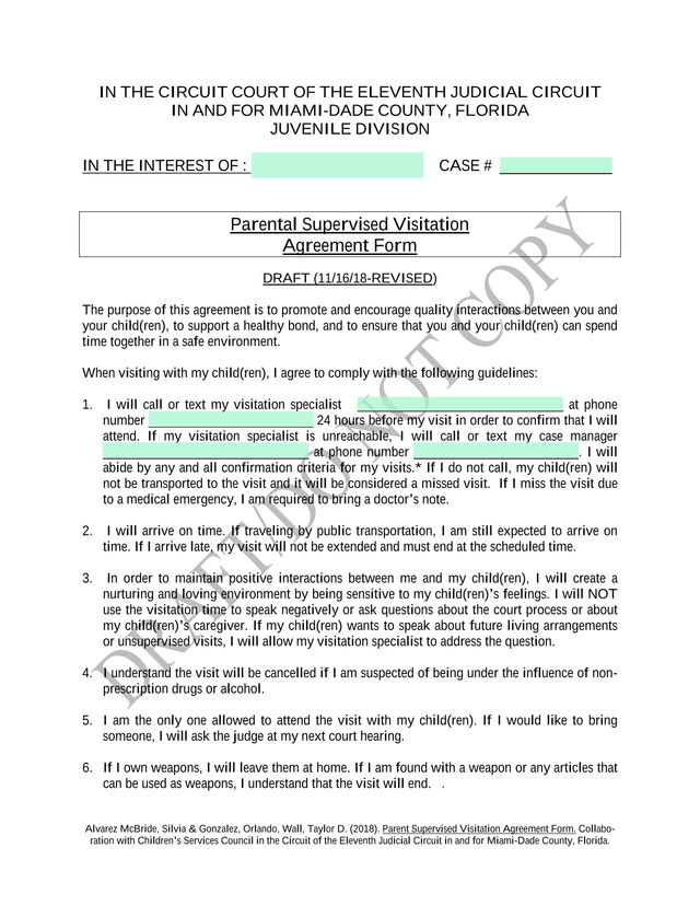 Parental Supervised Visitation Agreement Form screenshot