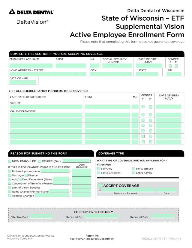Supplemental Vision Active Employee Enrollment Form screenshot