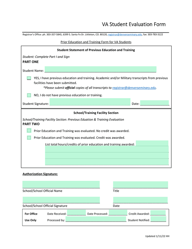 VA Student Evaluation Form screenshot