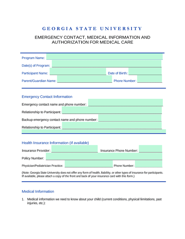 Emergency Contact, Medical Information And Authorization For Medical Care screenshot