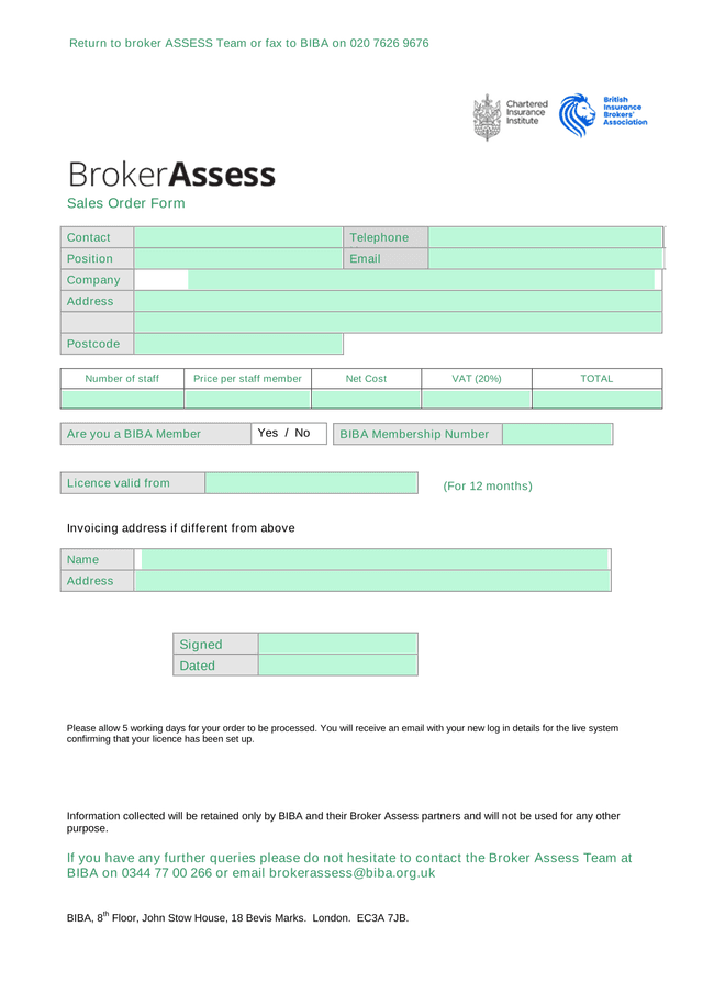 Sales Order Form screenshot