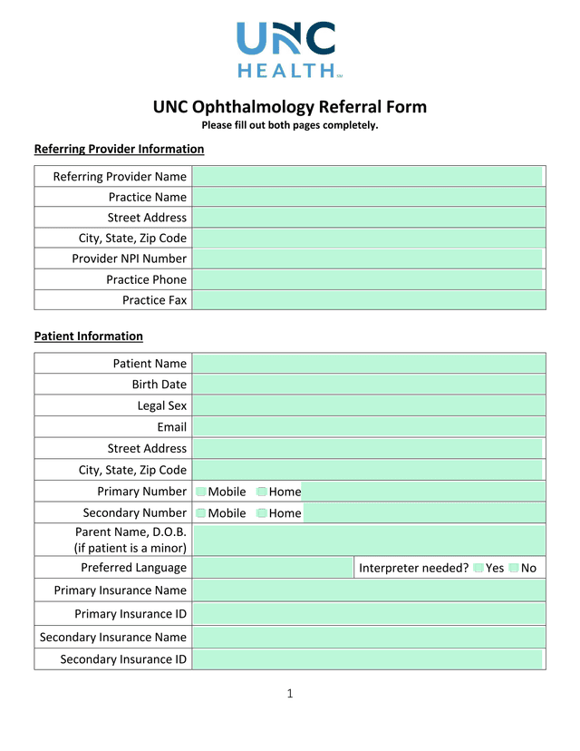 UNC Ophthalmology Referral Form screenshot