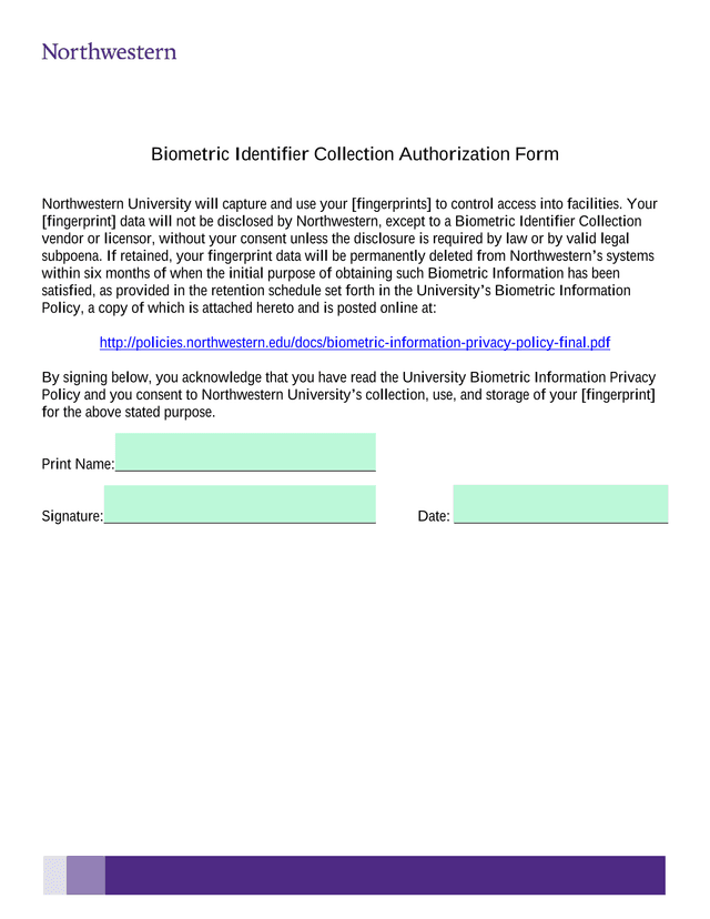 Biometric Identifier Collection Authorization Form screenshot