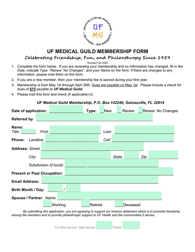 UF Medical Guild Membership Form screenshot