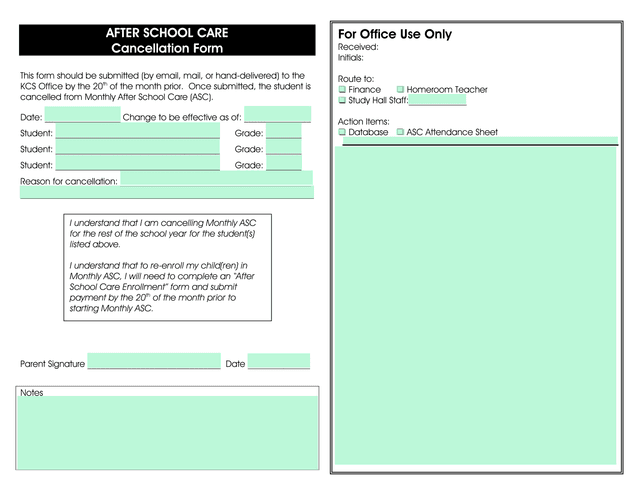 AFTER SCHOOL CARE Cancellation Form screenshot