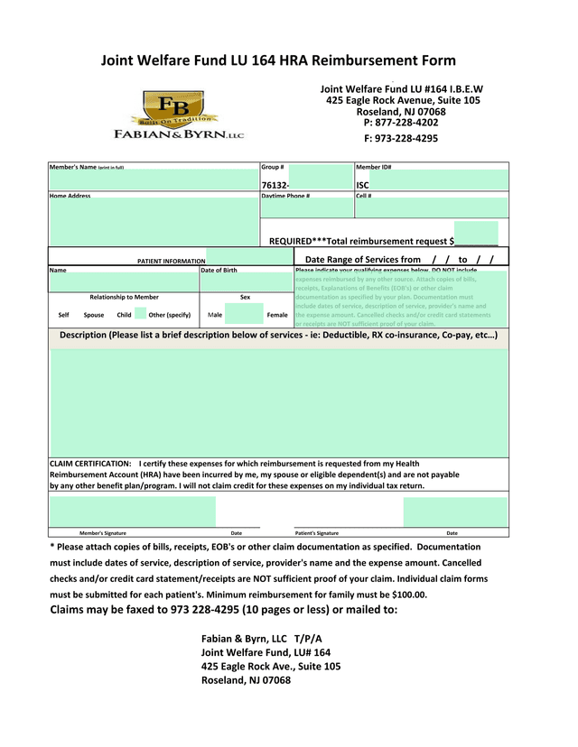 Joint Welfare Fund LU 164 HRA Reimbursement Form screenshot