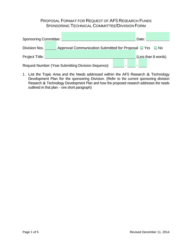 PROPOSAL FORMAT FOR REQUEST OF AFS RESEARCH FUNDS SPONSORING TECHNICAL COMMITTEEDIVISION FORM screenshot