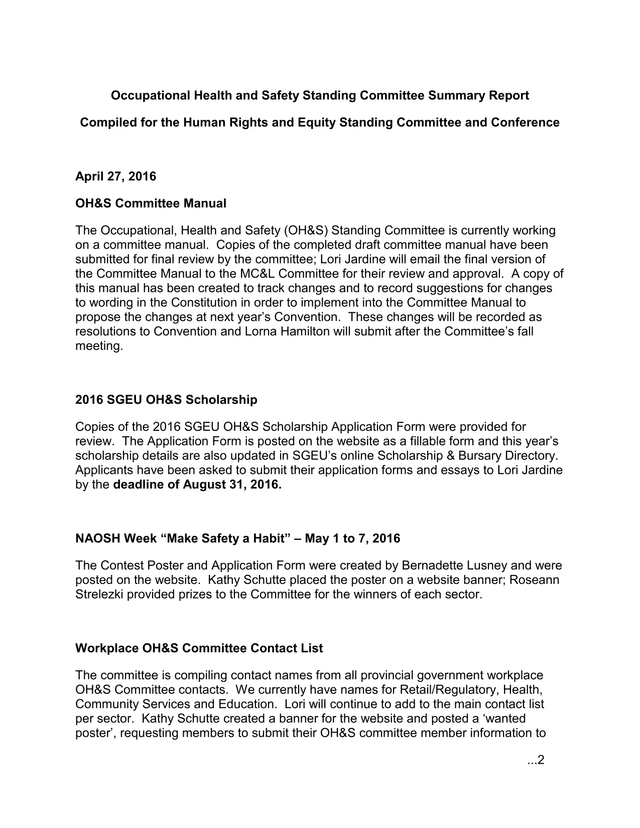Occupational Health And Safety Standing Committee Summary Report screenshot