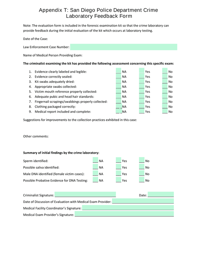 Appendix T San Diego Police Department Crime Laboratory Feedback Form screenshot