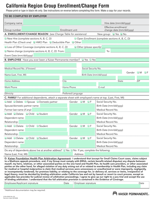 California Region Group EnrollmentChange Form screenshot