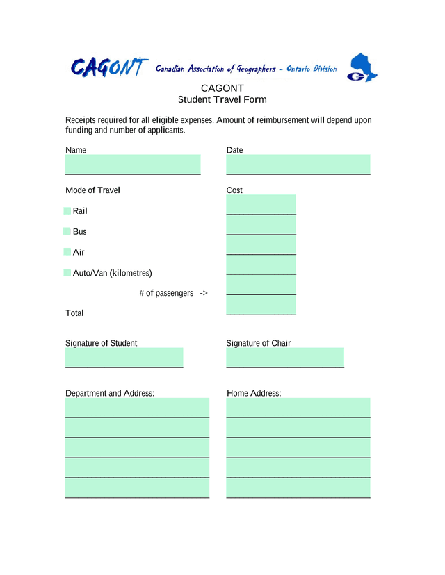 Student Travel Form screenshot