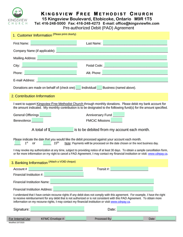 Pre Authorized Debit (PAD) Agreement screenshot