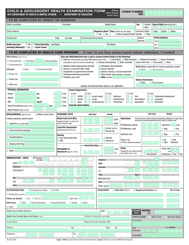 Health Care Provider Examination Form screenshot